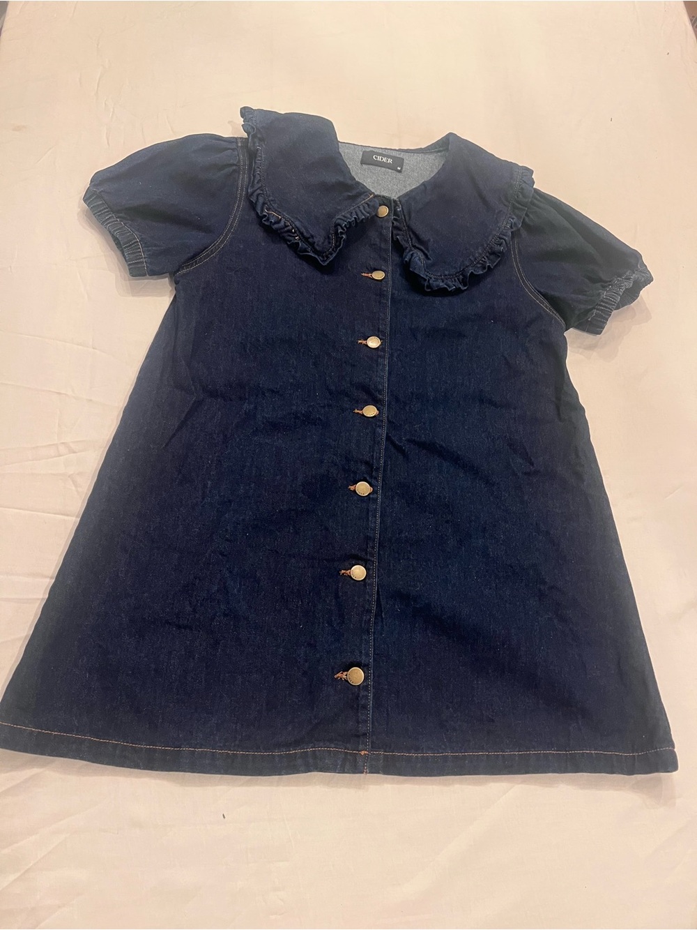 Cider Dark Blue Denim Button-Front Ruffle Collar Puff Sleeve Dress M Short Fall